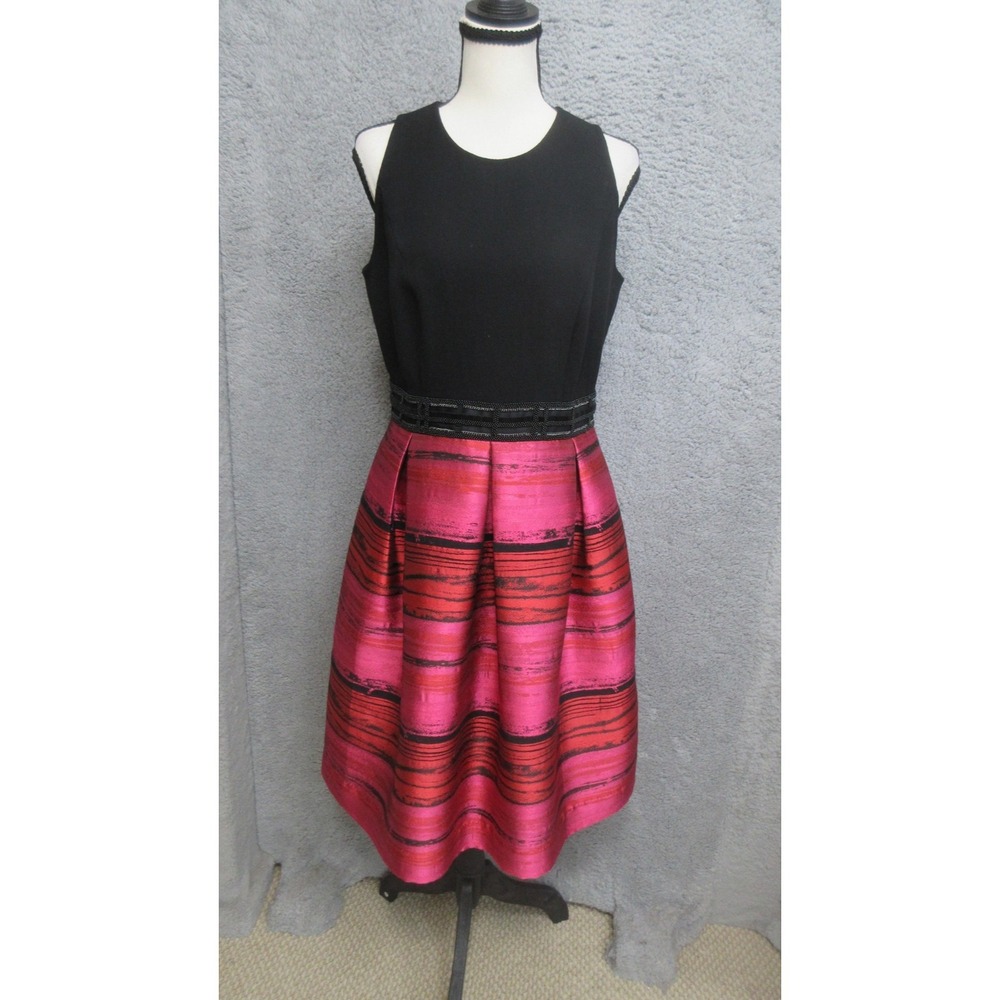 Carmen Marc Valvo Beaded Fit & Flare Dress Womens 8 Pink Stripe Satin Party